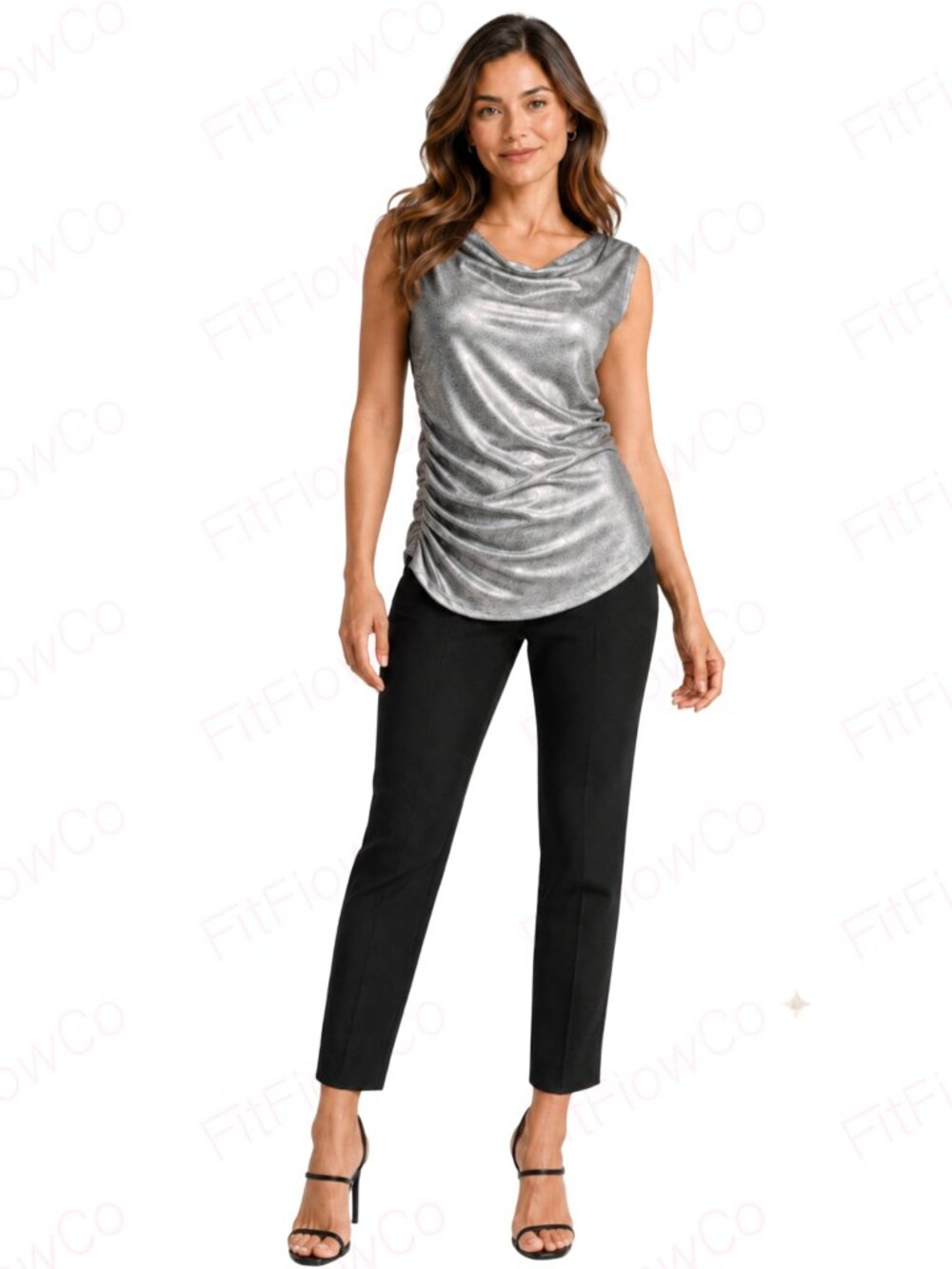 WHBM Metallic Silver Cowl Neck One-Side Ruched Top Size M NWOT